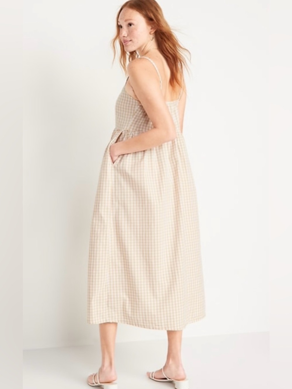 Old Navy Beige Gingham Maxi Dress with Spaghetti Straps